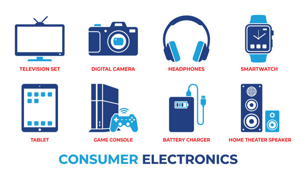 Consumer electronics icons set including television digital camera headphones and smartwatch illustrations.
