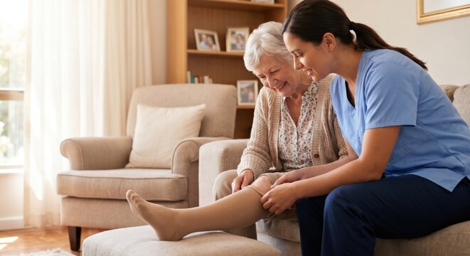 Caregiver helping senior woman with compression socks at home