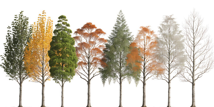 Set of various deciduous and coniferous trees in different seasonal states isolated on transparent background