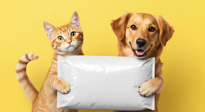 Cute Ginger Cat and Golden Retriever Dog Holding Blank White Delivery Package Banner Template on Yellow Background. 