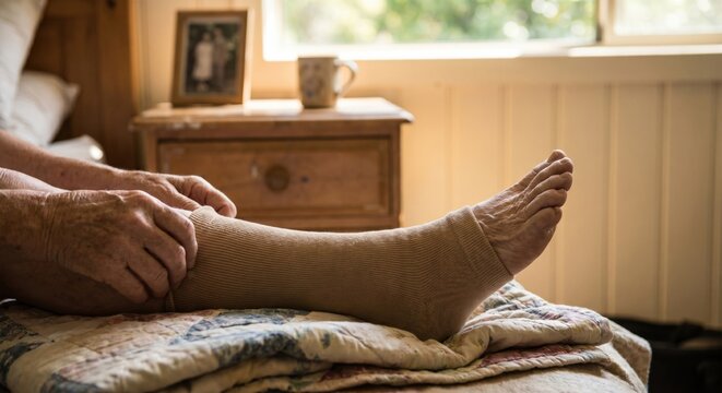 Caregiver putting compression garment on elderly foot
