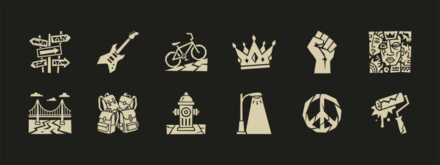 Set of twelve urban street culture icons in a graffiti stencil vector style © thetwelvesense