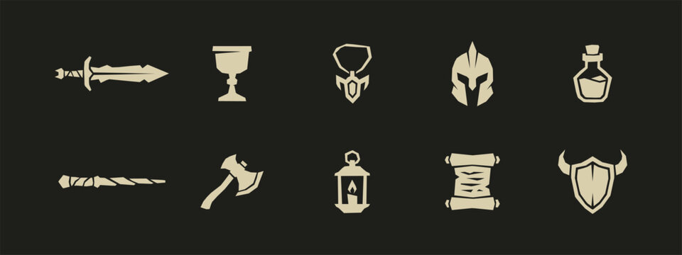 Flat Fantasy RPG Game Item Icons with Sword Shield Helmet Axe Potion and Scroll
