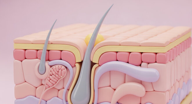 Detailed 3d cross section of human skin showing hair follicle structure with epidermis and dermis layers for medical education and skincare concepts