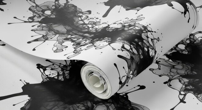 A roll of black and white wallpaper with splatters of black paint on a white background.