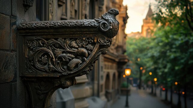 Ornate stone corbel featuring carved foliage and a bird sculpture adorns the exterior of a historic building along a tree-lined street.