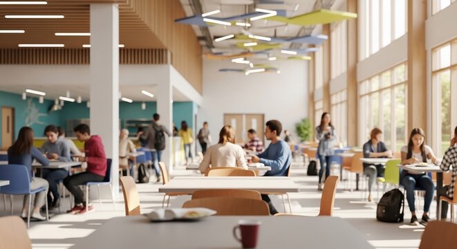 students studying and socializing in modern university cafeteria