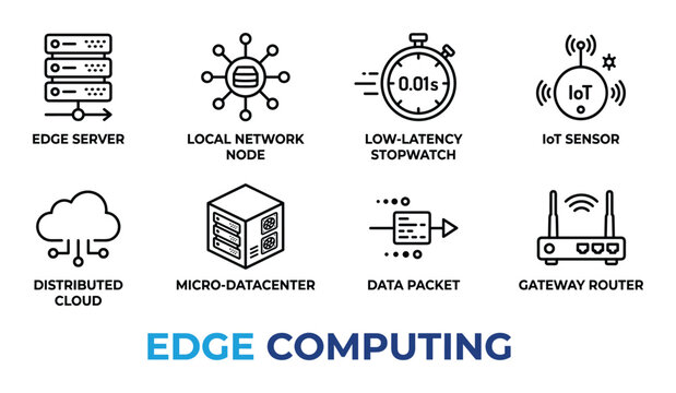 Edge computing technology icons representing network server data processing and cloud infrastructure.