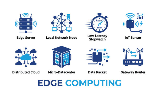 Edge computing technology icons blue and digital concepts server cloud network data and automation.