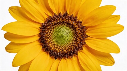 Obraz premium is a high-resolution, close-up photograph of a sunflower against a plain white background. The sunflower is centered in the frame, showcasing its vibrant yellow petals radiating outward in a circular