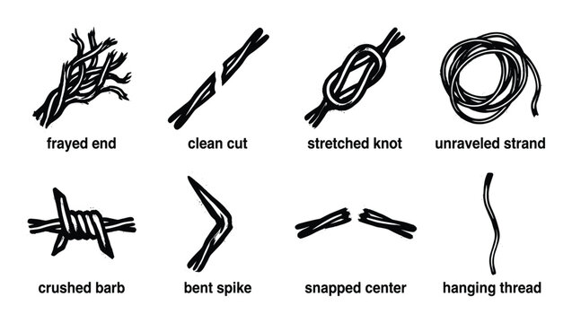 Rope and cord damage textures set showing frayed end clean cut stretched knot unraveled strand and other material stress.