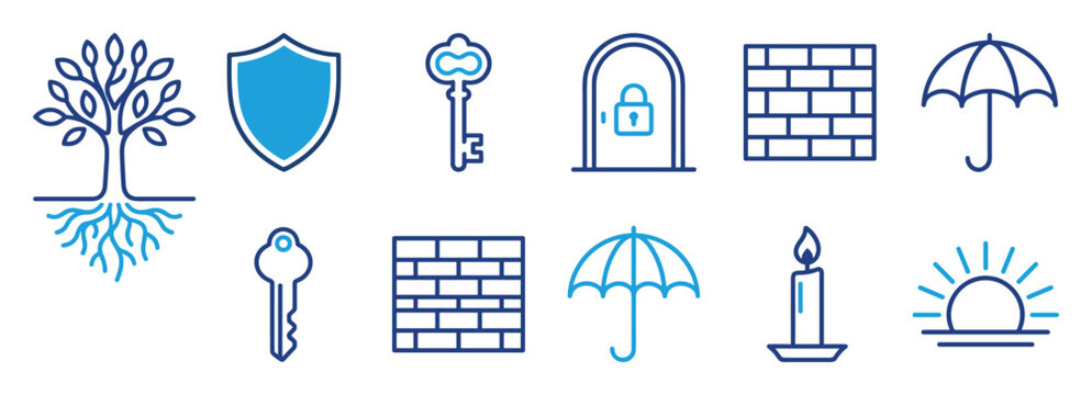 Security and protection icons set with tree, shield, key, lock, brick wall, umbrella, candle, sunrise.