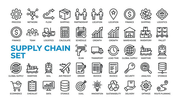 Supply chain icons for logistics transportation shipping finance business and management processes.