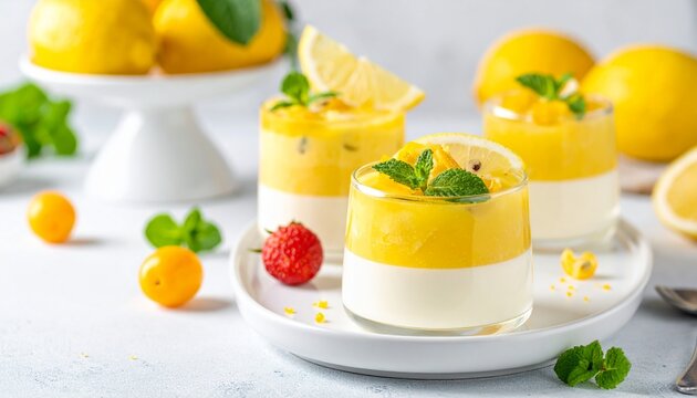 Zitronendessert mit frischen Fr&uuml;chten und Minze modern pr&auml;sentiert