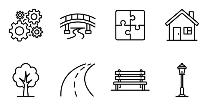 Urban and industrial icons including gears bridge puzzle house tree road bench street lamp.