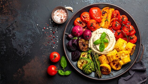 Roasted vegetable platter dark background premium lighting, no people
