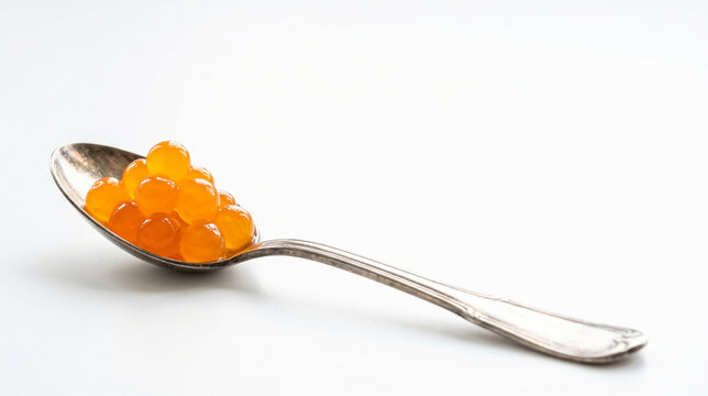Molecular gastronomy mango caviar on a vintage silver spoon, minimalist culinary art composition on white background with copy space, gourmet spherical orange pearls, artistic food photography