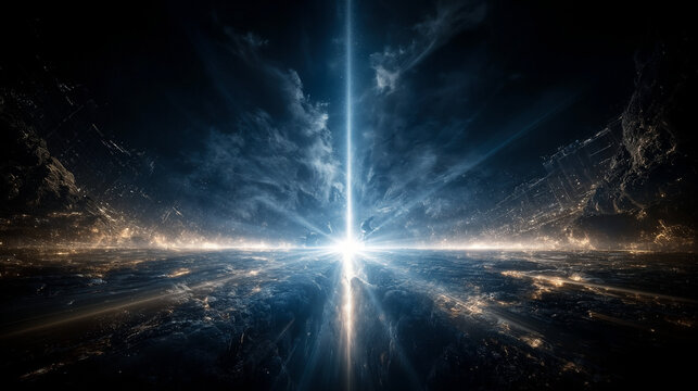 Illuminating Horizon: A radiant beam of light pierces the darkness, casting an ethereal glow across a celestial landscape, evoking a sense of wonder and cosmic energy.