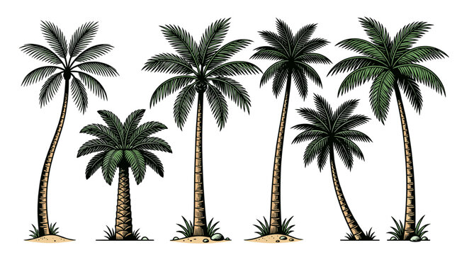 Set of tropical palm trees vector illustration, isolated on white background