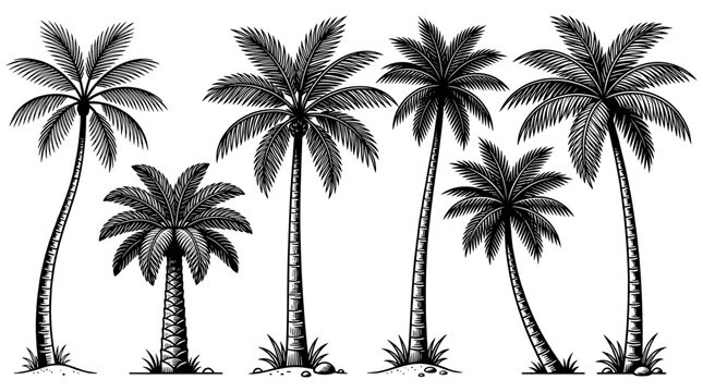 Set of tropical palm trees silhouettes isolated on white background. Hand drawn black and white engraving style vector illustration.