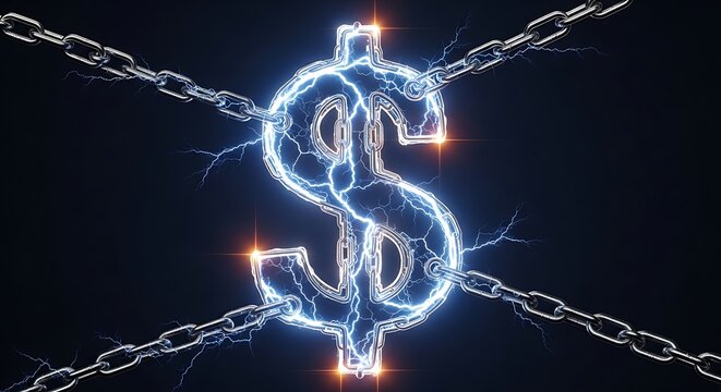 Electric dollar sign breaking free from chains with lightning effects