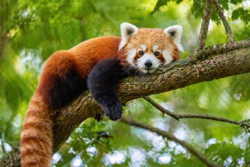 Obraz premium A Beautiful Red Panda Relaxing on a Branch Surrounded by Lush Greenery and Nature in a Serene Forest Environment