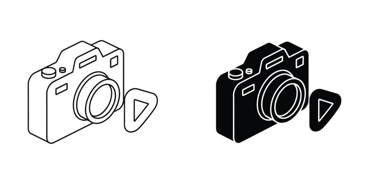 Comparison of a classic camera and its modern monochromatic version with play buttons