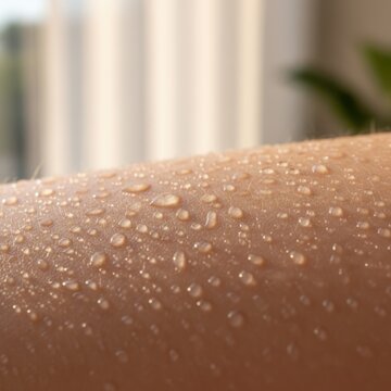 Sweat drops on human skin closeup.