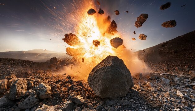 dynamic explosion of rocks with dramatic dust and light effects