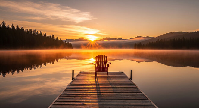 Stunning sunrise over a lake with a red chair on a dock perfectly for inspiring morning travel and vacation getaways