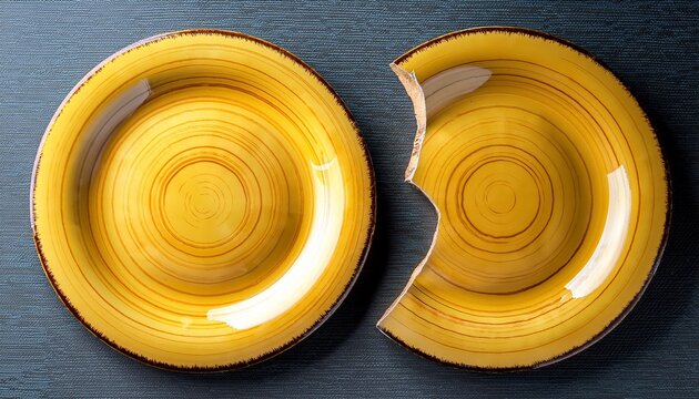 two broken yellow ceramic plates