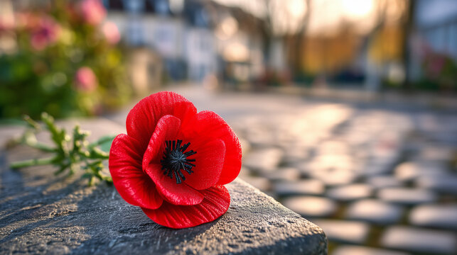 Memorial Day quiet moment at a small-town war memorial at dawn, a single red poppy placed against a granite name panel, dew on the stone, a folded flag left nearby, long shadows ac