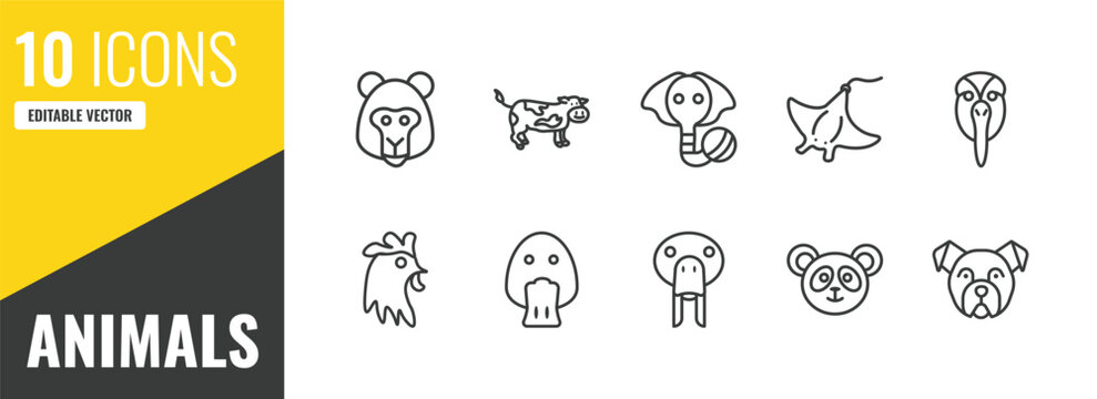 animals outline icon set. 10 linear vector for ui, web and mobile. thin line baboon, cow, elephant on a ball icons.