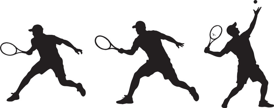 Tennis player silhouette set, professional male athletes in action poses, black vector silhouettes of tennis players serving and hitting forehand