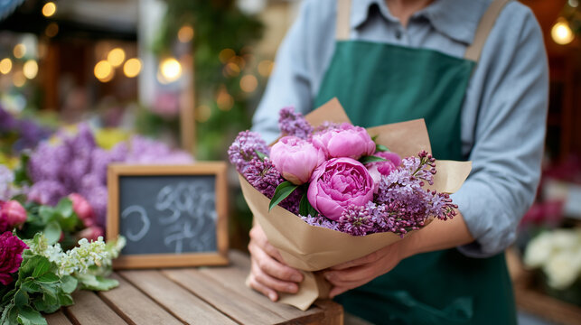 Spring farmers market scene with a vendor unwrapping a bundle of fresh-cut peonies and lilac branches, paper wrapping spread open, petals catching morning light, a handwritten chal