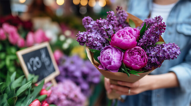 Spring farmers market scene with a vendor unwrapping a bundle of fresh-cut peonies and lilac branches, paper wrapping spread open, petals catching morning light, a handwritten chal