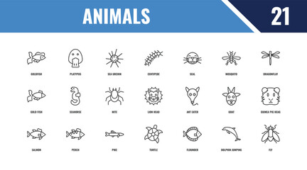 animals outline icon set. linear vector for ui, web and mobile. thin line platypus, dragonflay, ant eater icons. © Farahim