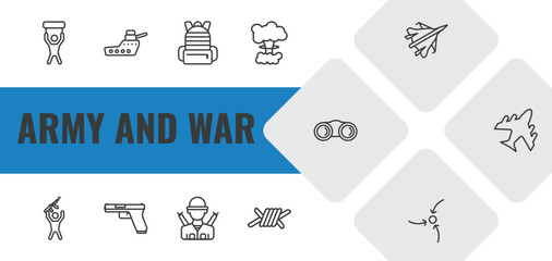 Obraz premium army and war outline icon set. linear vector for ui, web and mobile. thin line revolt, warship, army backpack icons.