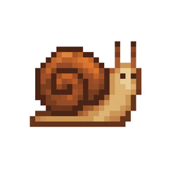 Charming pixel brown snail animal icon created in retro game style.  © Дарина Ем