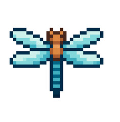 Fototapeta premium Cute pixel dragonfly insect icon created in classic retro game style. Delicate winged bug with blue body, clean pixel edges and soft shading