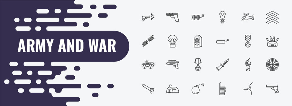 army and war outline icon set. linear vector for ui, web and mobile. thin line gun, dynamite, helicopter icons.