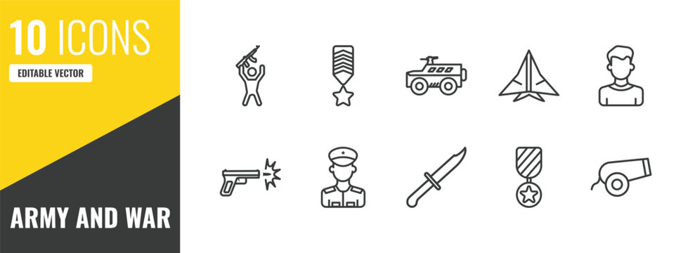 army and war outline icon set. 10 linear vector for ui, web and mobile. thin line rebellion, militar in, armored vehicle icons.