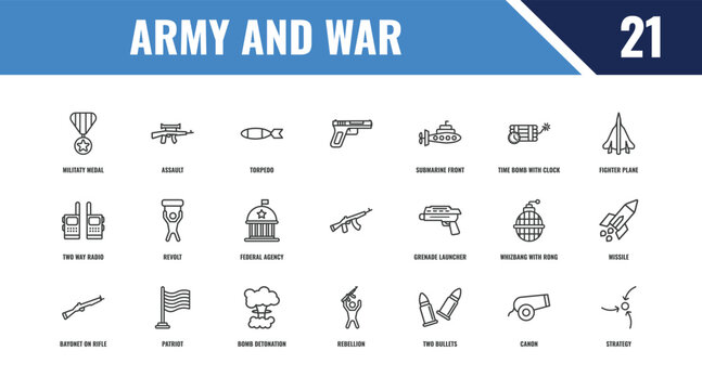 army and war outline icon set. linear vector for ui, web and mobile. thin line assault, fighter plane, grenade launcher icons.