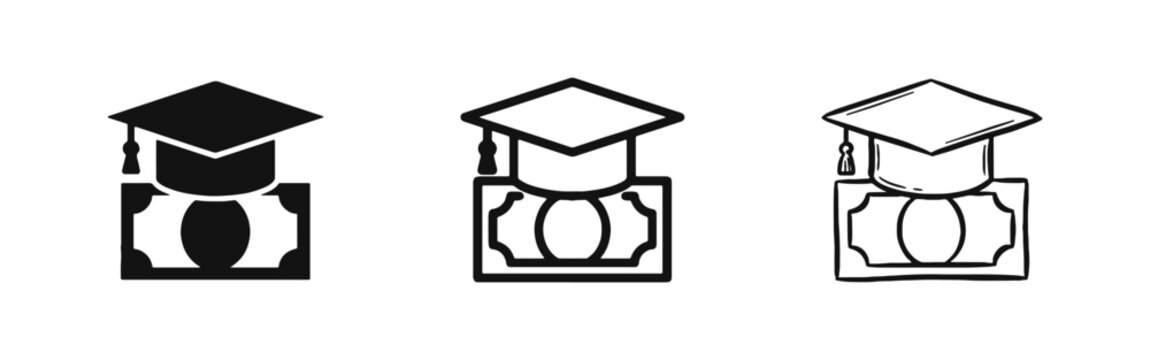 Graduation Cap on Money Icon Set - Education Funding, Scholarship, and Tuition Fee Concept