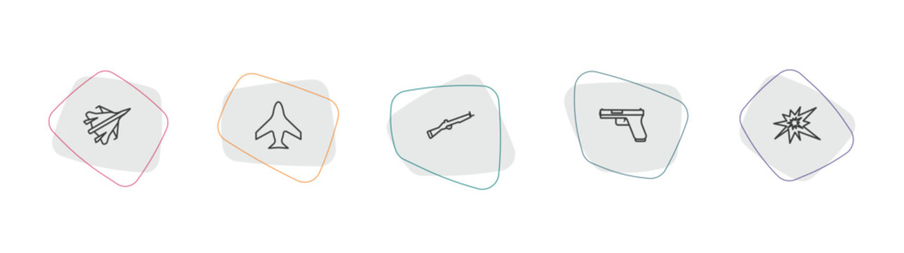 army and war outline icon set. linear vector for ui, web and mobile. thin line jet, airplane, bayonet on rifle icons.