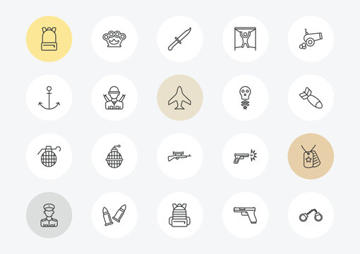 army and war outline icon set. linear vector for ui, web and mobile. thin line backpack, anchor, granade icons.