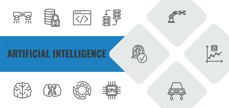artificial intelligence outline icon set. linear vector for ui, web and mobile. thin line flyboard, secure data, code icons.
