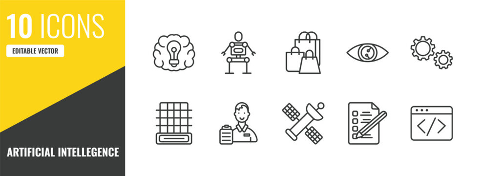artificial intellegence outline icon set. 10 linear vector for ui, web and mobile. thin line future brain, exoskeleton, shopping bag icons.
