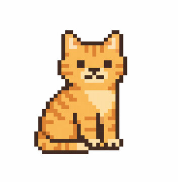 Adorable pixel orange cat character icon in classic retro game style. Cute sitting kitten with striped fur, clean pixel edges and soft shading.