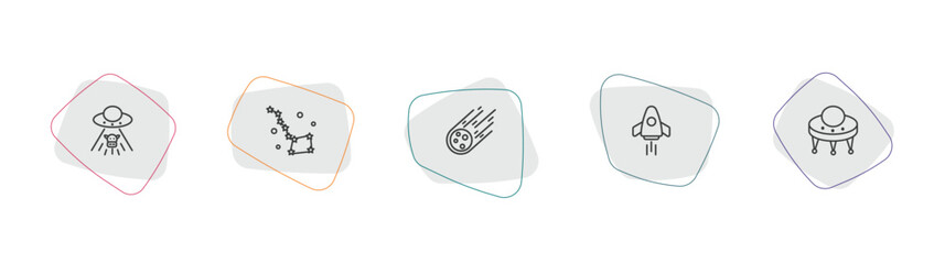 astronomy outline icon set. linear vector for ui, web and mobile. thin line ufo and cow, ursa major, meteorite falling icons. © Farahim